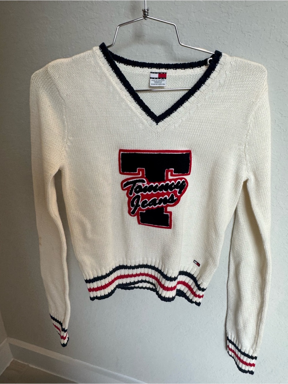 Tommy Hilfiger Cream V-Neck Sweater with Navy and Red Trim